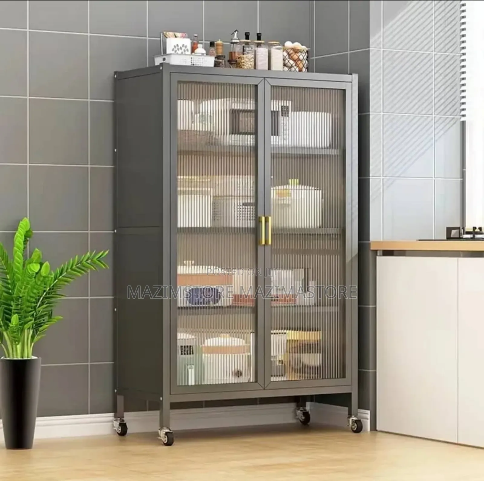 Multi-Functional Metal Storage Cabinet With Fluted Glass Doors