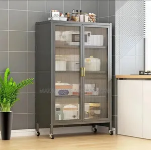 Multi-Functional Metal Storage Cabinet With Fluted Glass Doors
