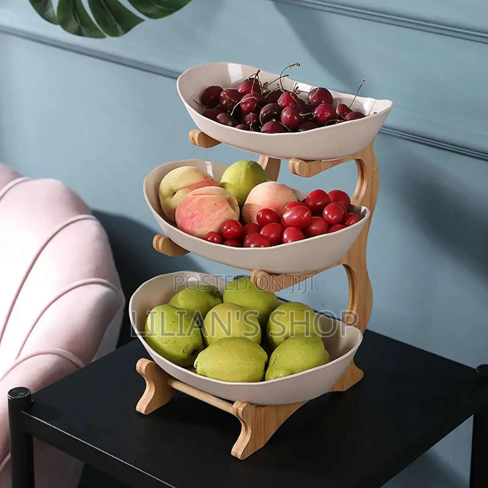 3 Tiers, Fruit Basket Stand With Natural Bamboo Stand