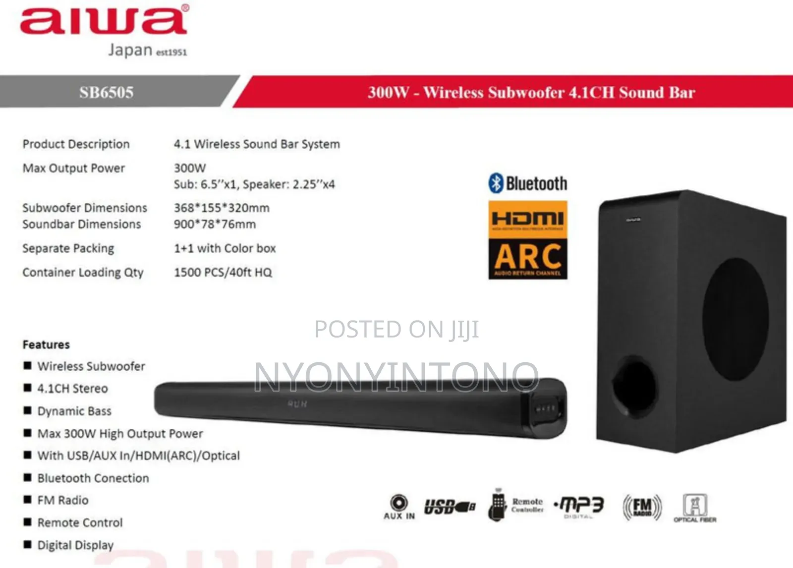 Aiwa 300w Dynamic Bass Sound Bar With Fm Radio, Hdmi, Bluetooth Sb6505