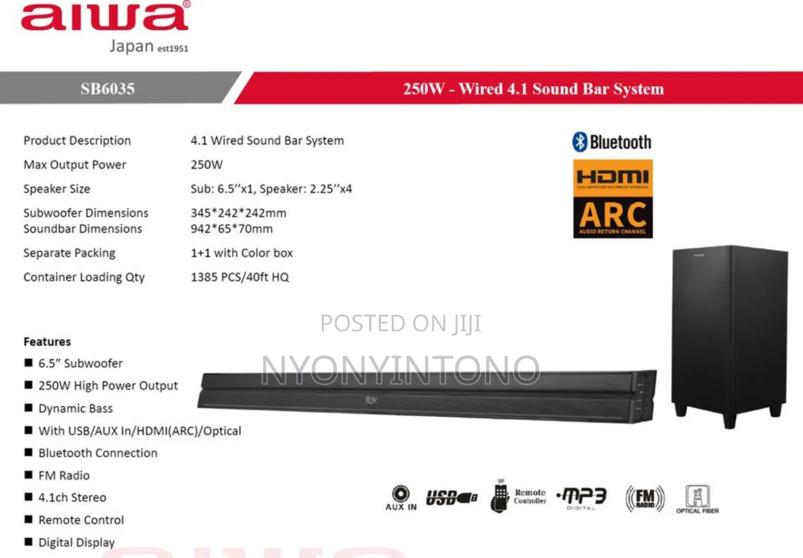 Aiwa 250w Sound Bar With Hdmi, Fm Radio, Bluetooth Heavy Bass Sb6035