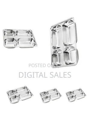 6 Pc Stainless Steel Rectangle 4 In1 Compartment Dinner Plate Tray