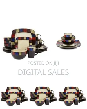 24 Pieces of Checked Square Plates Cups Sideplates Bowls Dinnerware