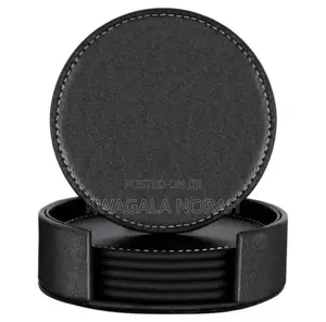 7 Pieces Leather Round Drink Coasters Black
