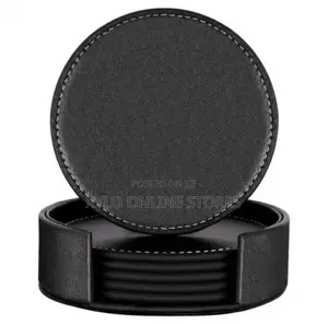 7 Pieces Leather Round Drink Coasters Black