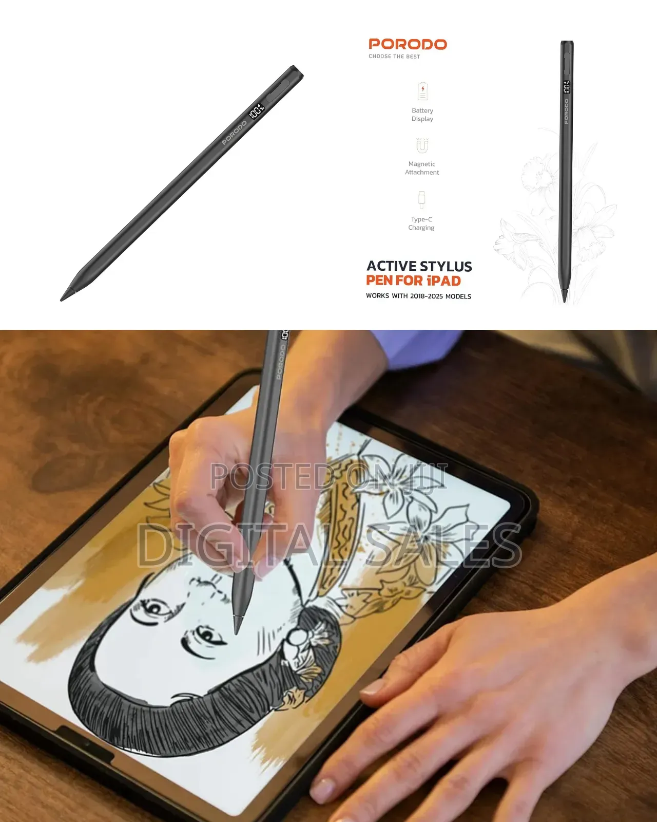 Porodo Magnetic Stylus Pen for Apple iPad (2018-2025) in Black,