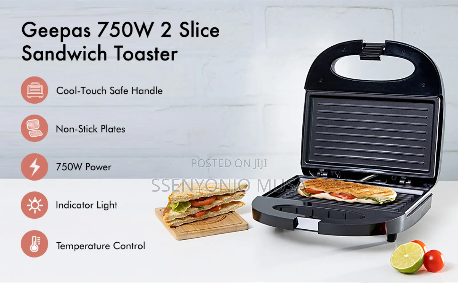 Geepas Portable 2 Slice Grill Maker Ggm6001 | 750w Non-Stick