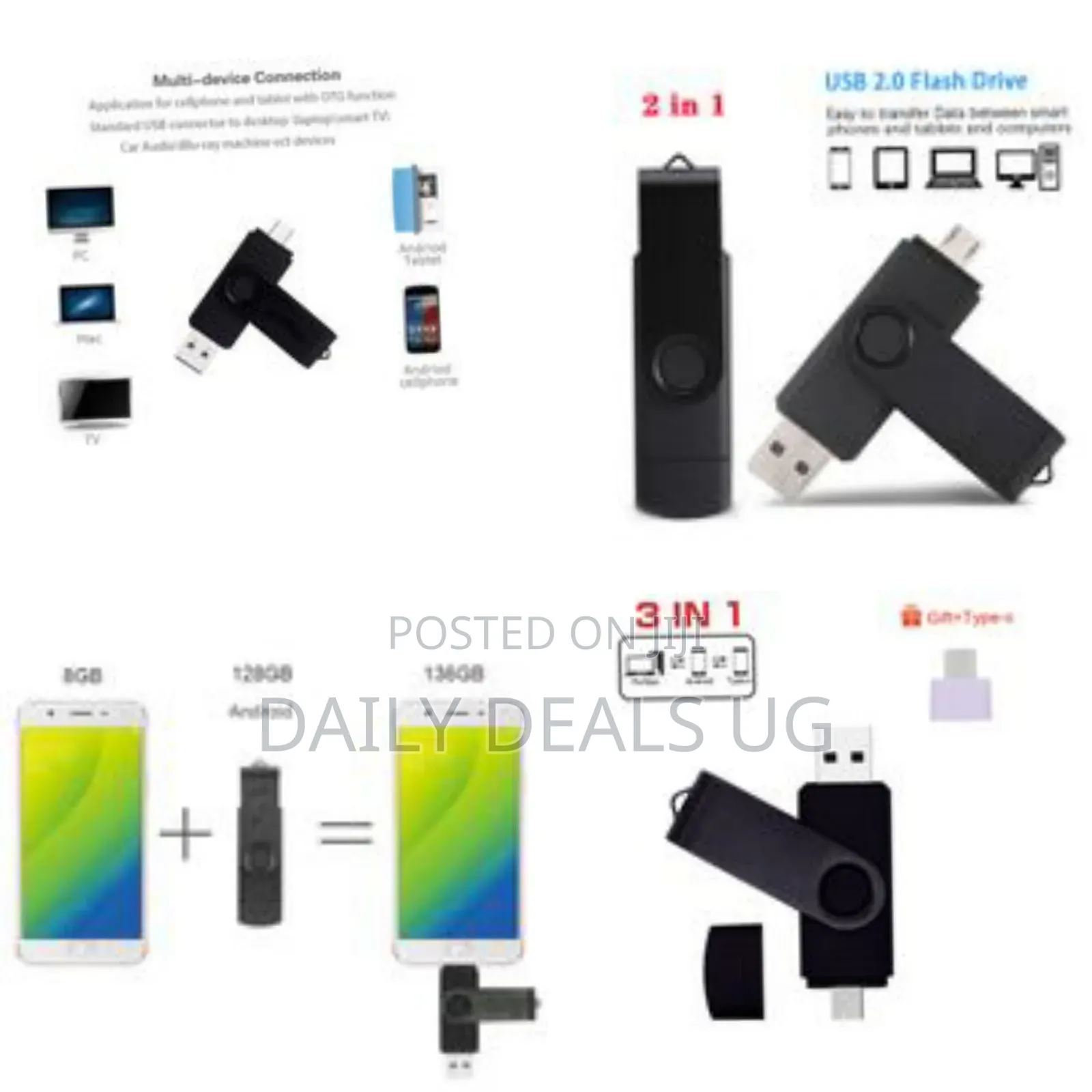 3- In-1 Rotating Usb Flash Drive 128g - Black