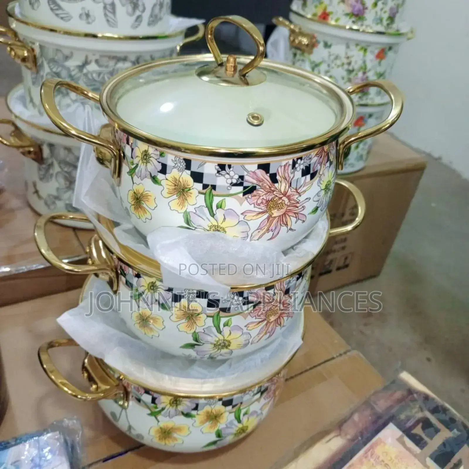 Floral Enamel Cooking Pot Set With Golden Handles – 3 Pieces