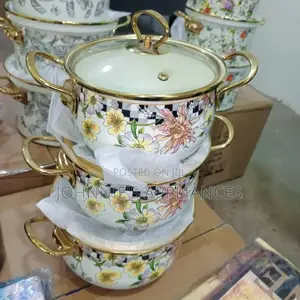 Floral Enamel Cooking Pot Set With Golden Handles – 3 Pieces