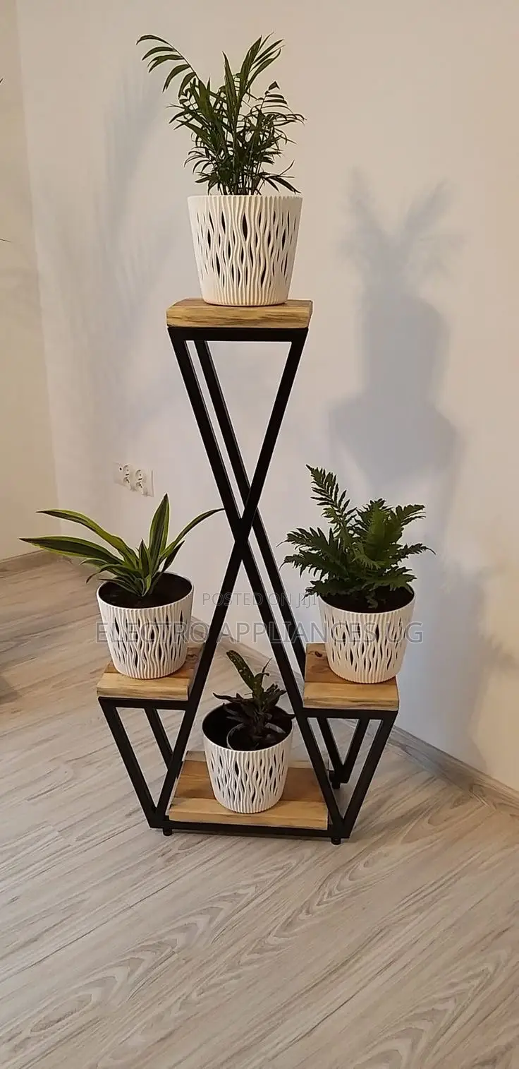 Modern Metal Wood Multi-Tiered Plant Stand.