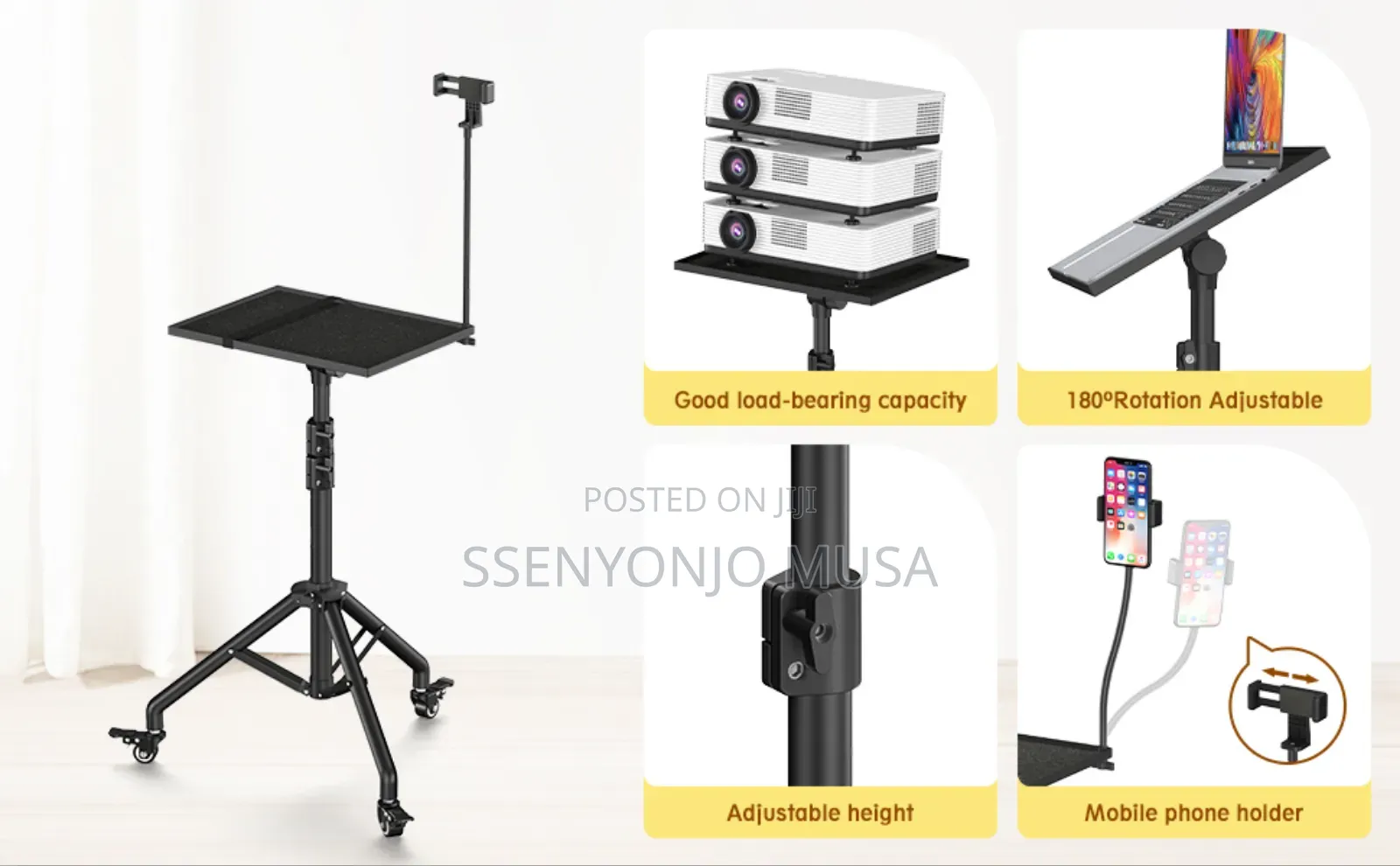 Adjustable Projector Floor Stand With Wheels –29" to 44" Height, Metal