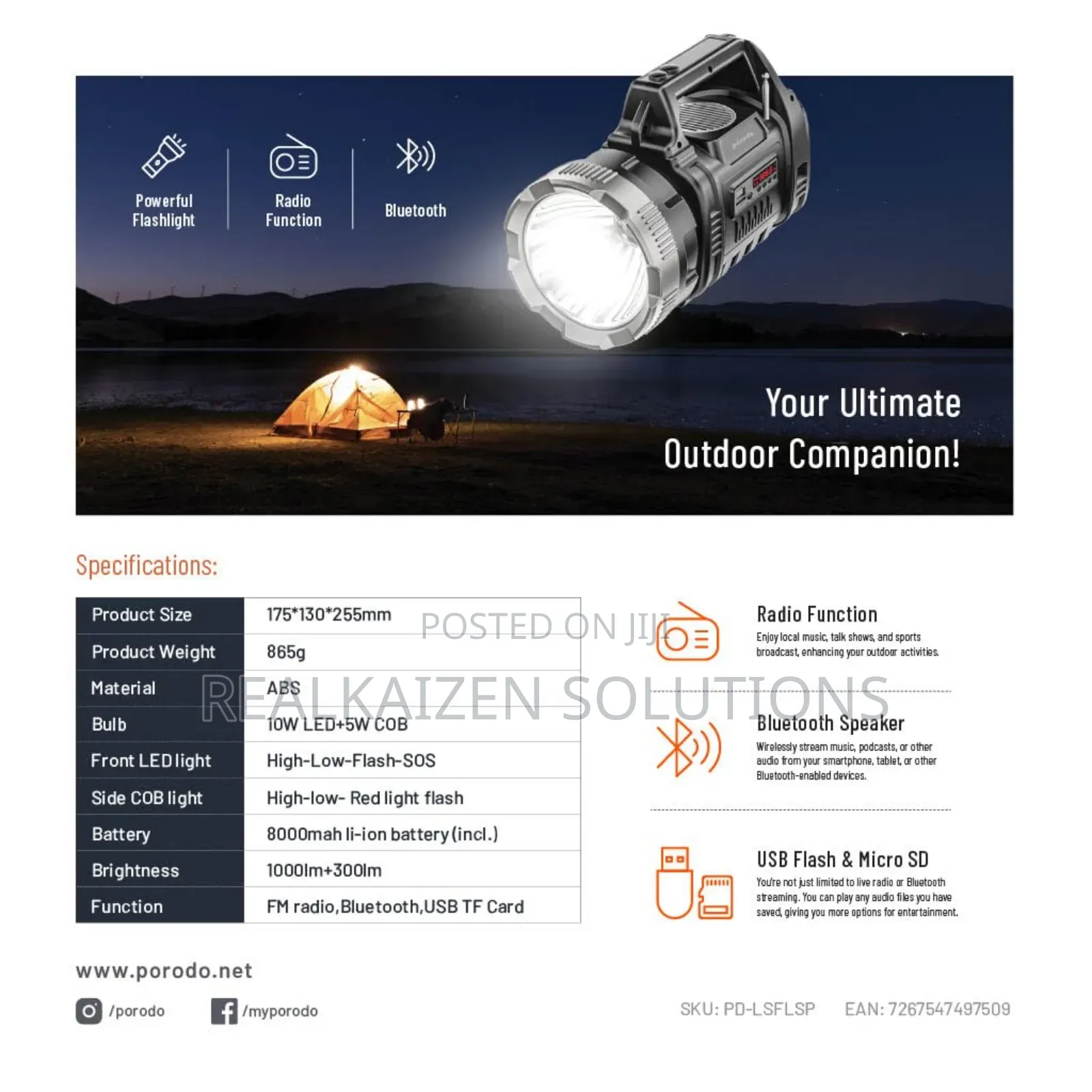 Porodo Lifestyle 3 in 1 Outdoor Adventure Flashlight With Speaker Fm