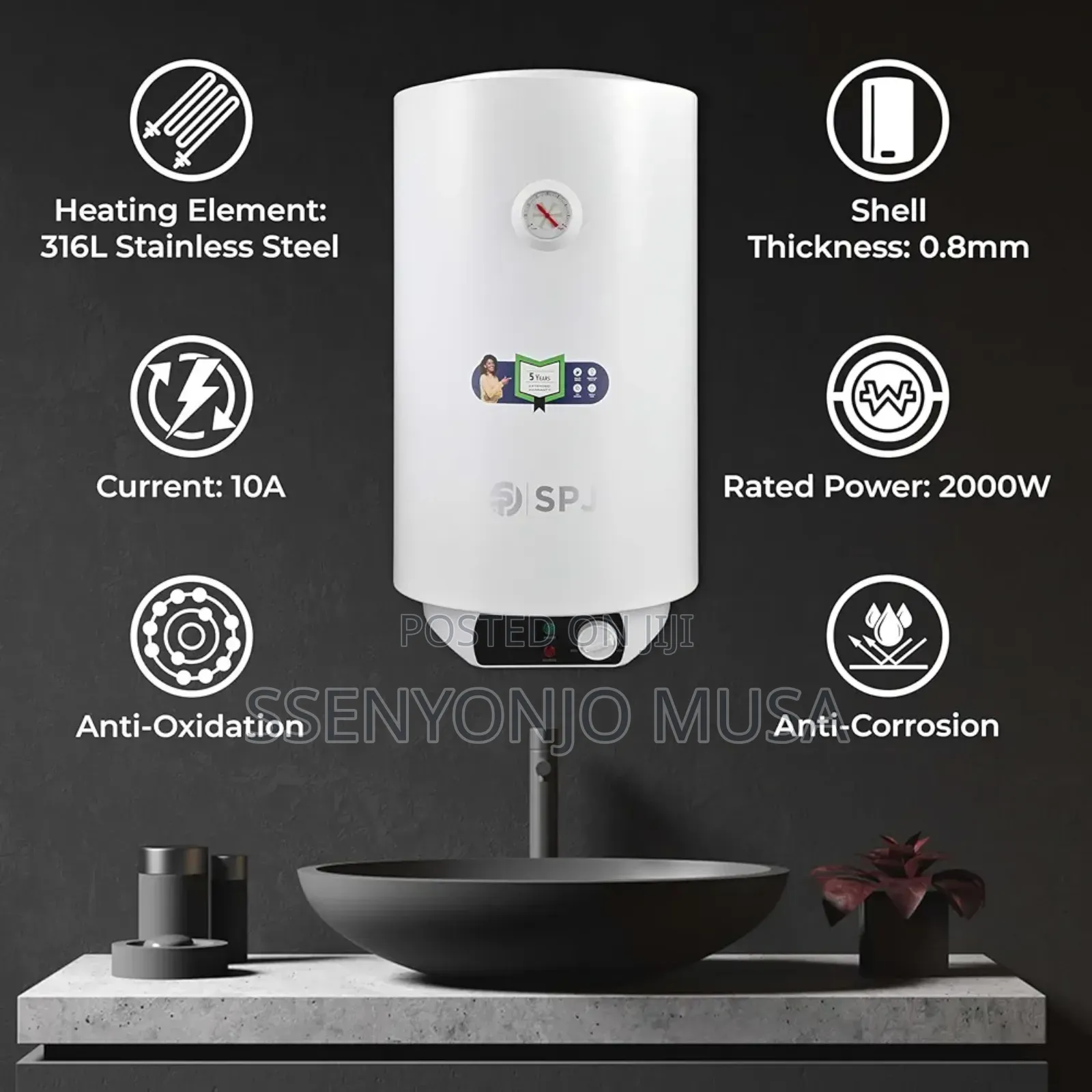 Spj 50l Electric Water Heater – 2000w Instant Heating, 30°–75°C.