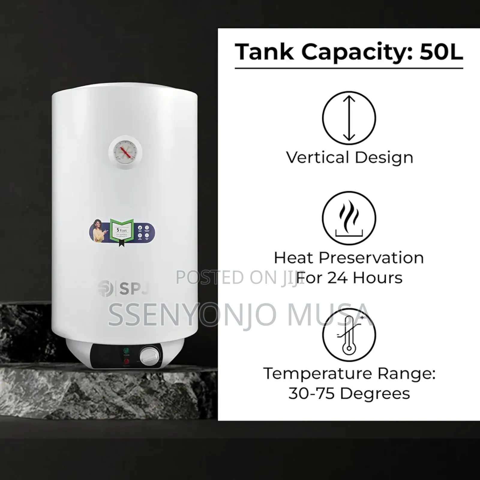 Spj 50l Electric Water Heater – 2000w Instant Heating, 30°–75°C.