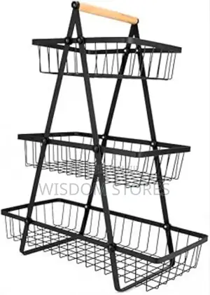 3-tier Counter Storage Basket, Wire And Wood Design, 47.5 X 40 X 18 Cm