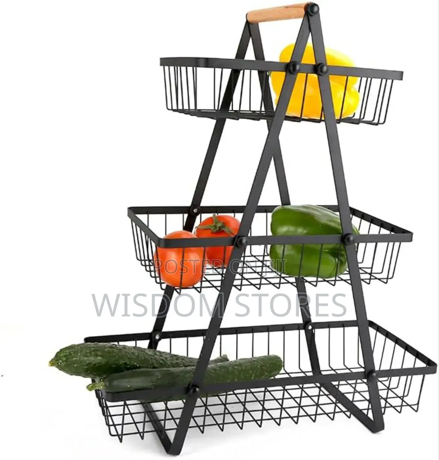 3-tier Counter Storage Basket, Wire And Wood Design, 47.5 X 40 X 18 Cm