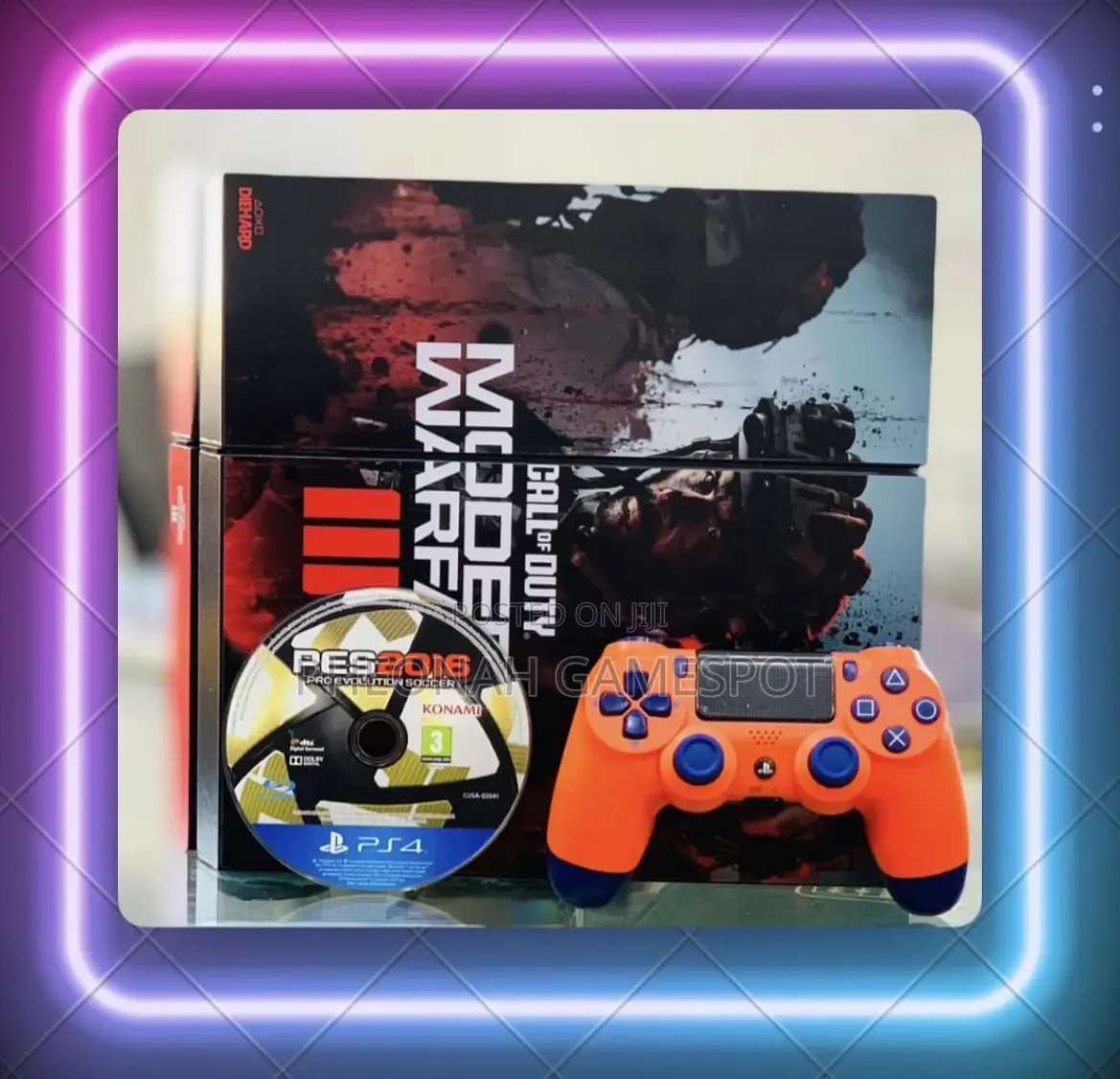 Ps4 Set With Two Controllers, 18 Games Loaded, Vibrant Gaming Energy.