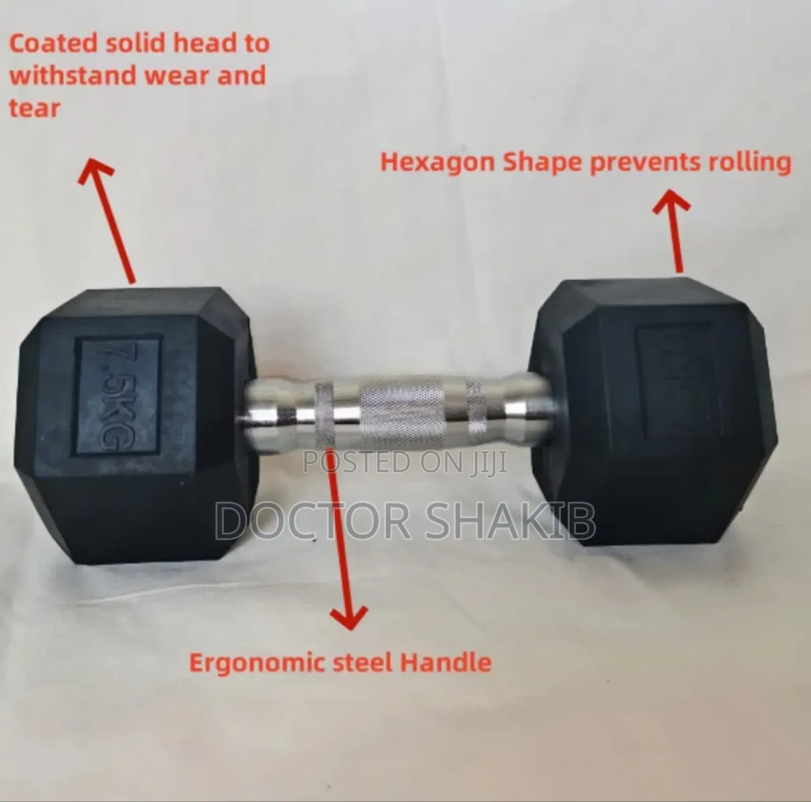 Pair of Rubber Coated Dumbbells 7.5kg Black Silver