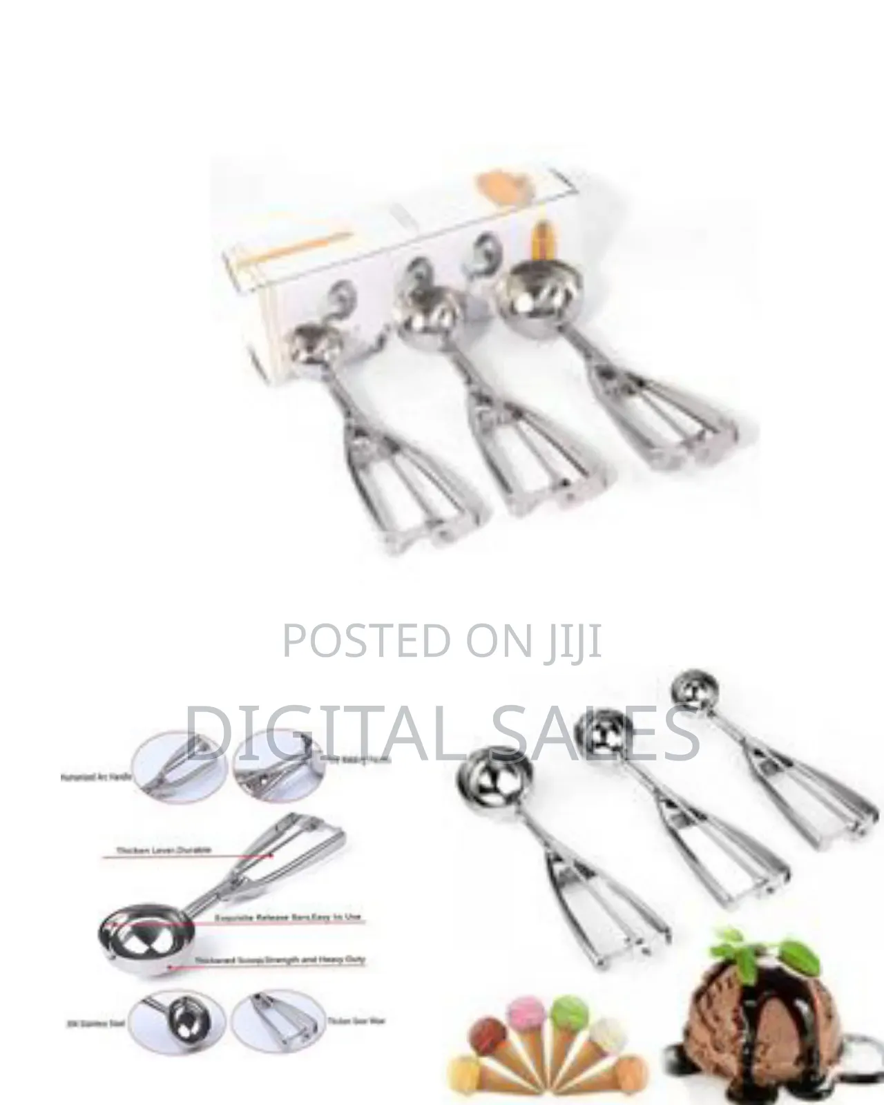 Ice Cream Scoop Set of 3, Stainless Steel With Trigger Release