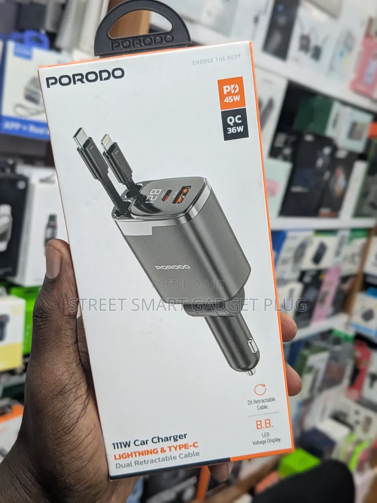 Porodo 111watts Car Charger Dual Lightening and Type C Retractable