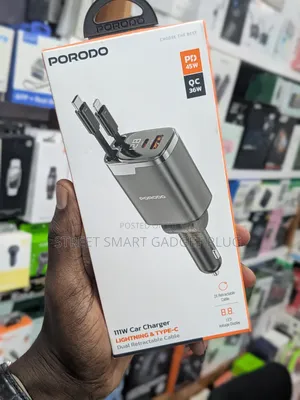 Porodo 111watts Car Charger Dual Lightening and Type C Retractable
