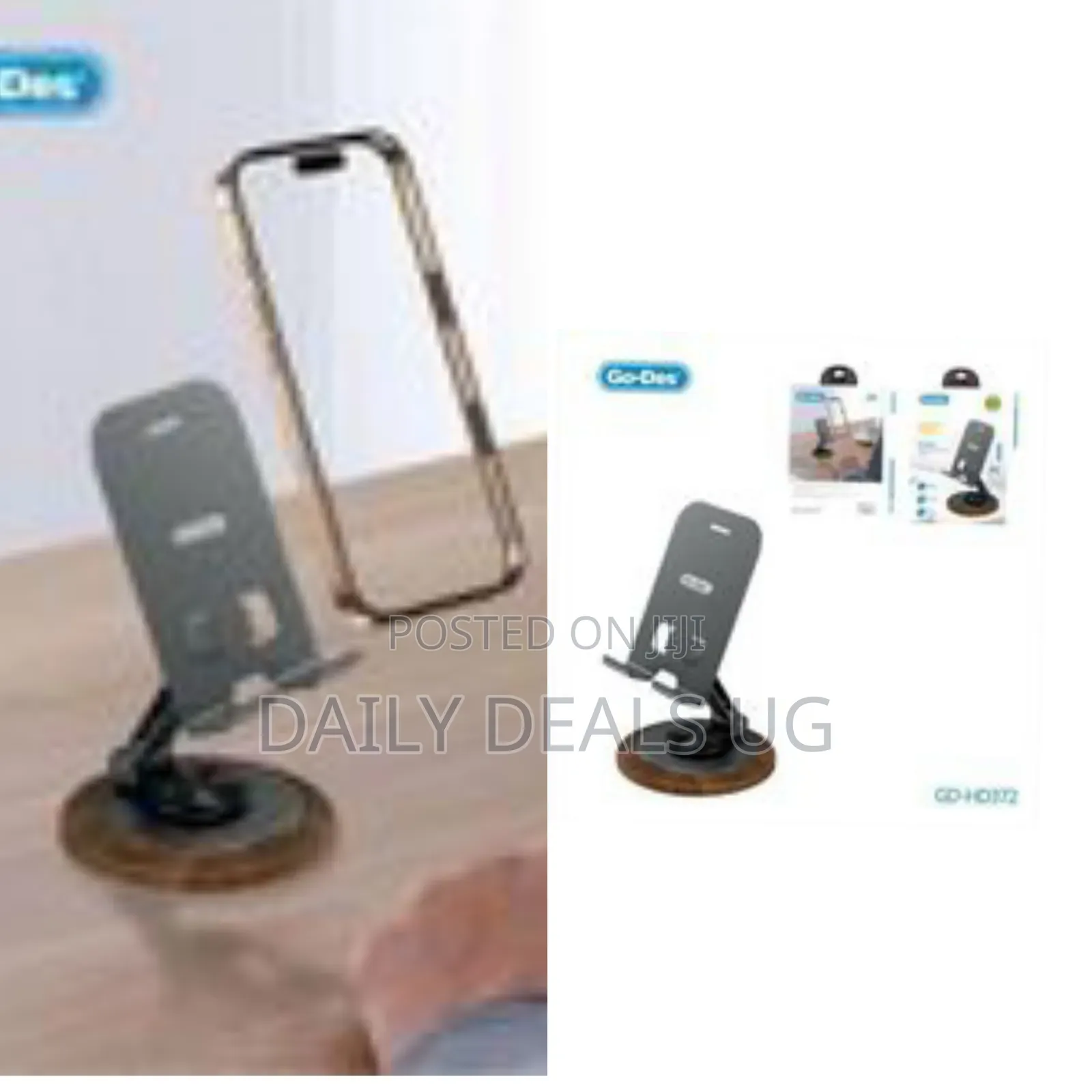 Go-Des Aluminum Alloy Foldable Mobile Phone Stand With Wood Grain Base