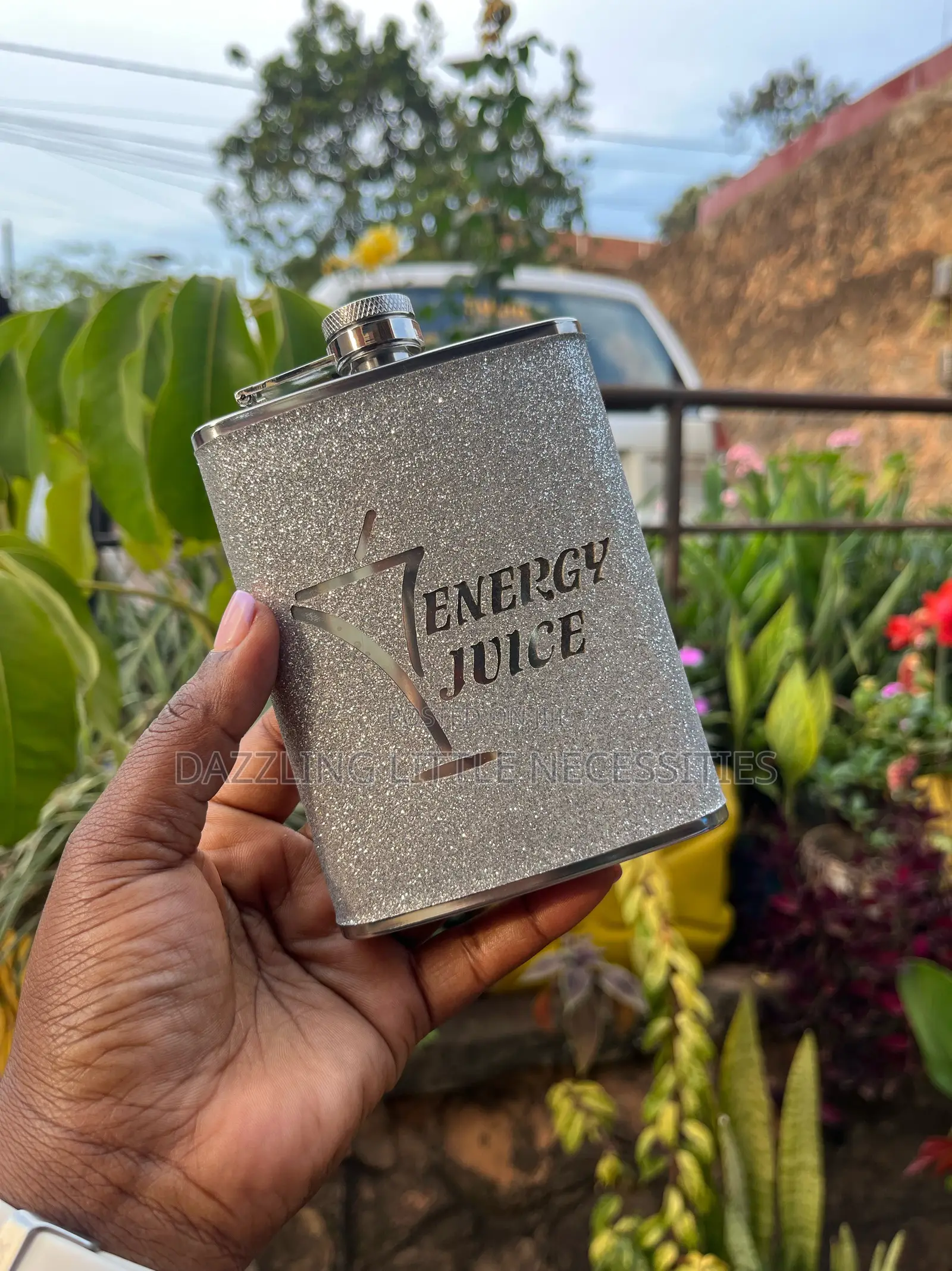 Glitter Stainless Steel Hip Flask - Silver