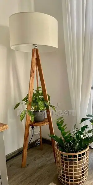 Wooden Floor Lamp With Built-in Shelves.