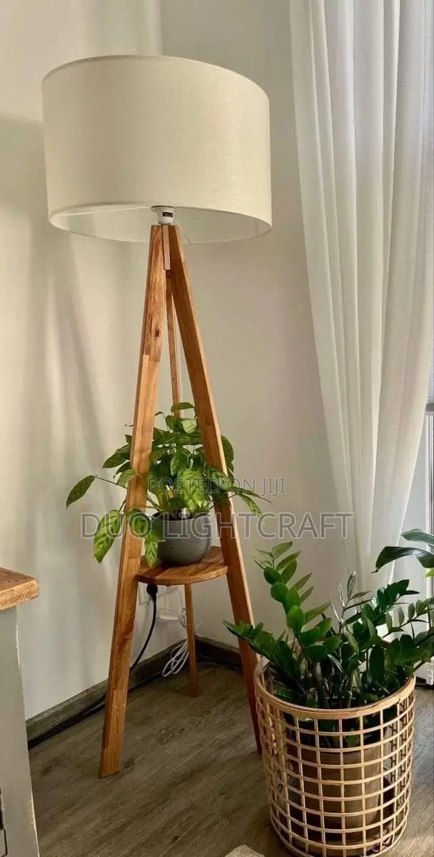 Wooden Floor Lamp With Built-in Shelves.