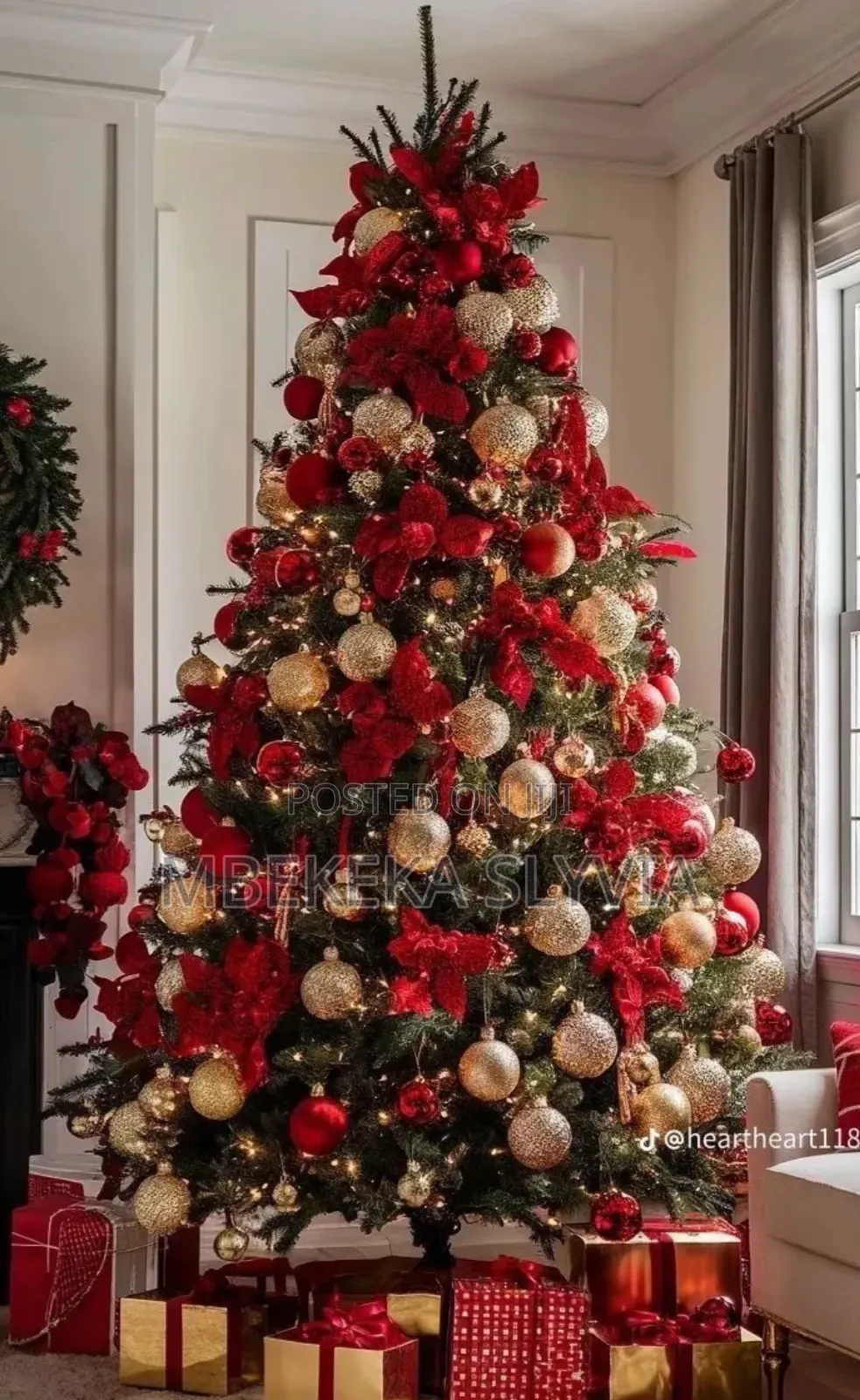 Red Christmas Tree/Beautiful Red Flowers and Gold Balls Home Decor