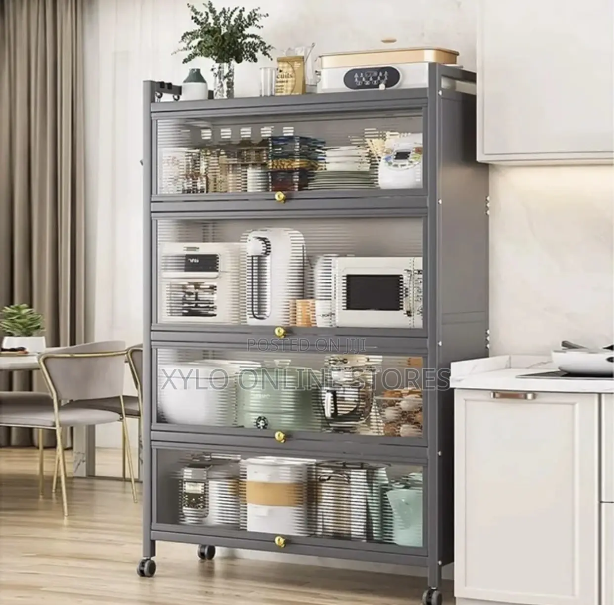 A 5 Tier Multinational Kitchen Storage Cabinet Transparent Doors