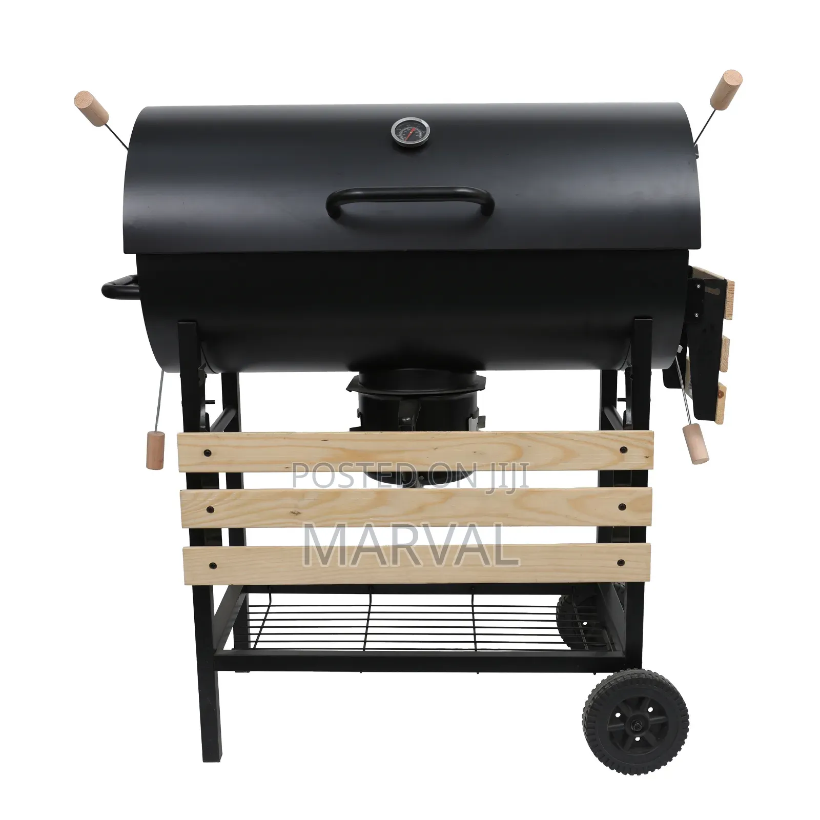 Black Metal Charcoal Grill and Smoker With Wooden Side Tables.