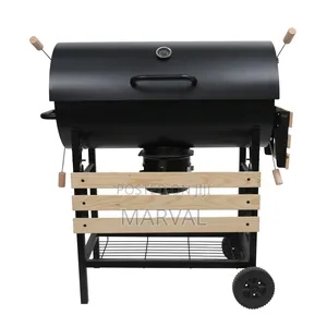 Black Metal Charcoal Grill and Smoker With Wooden Side Tables.