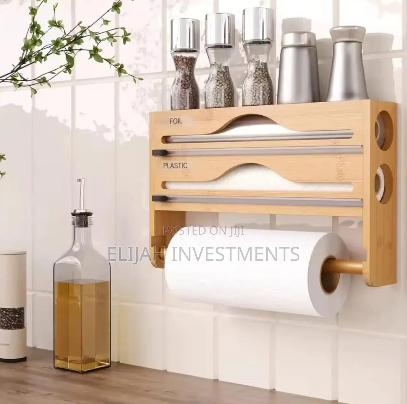 Wall-mounted Bamboo Wrap Dispenser And Organizer.