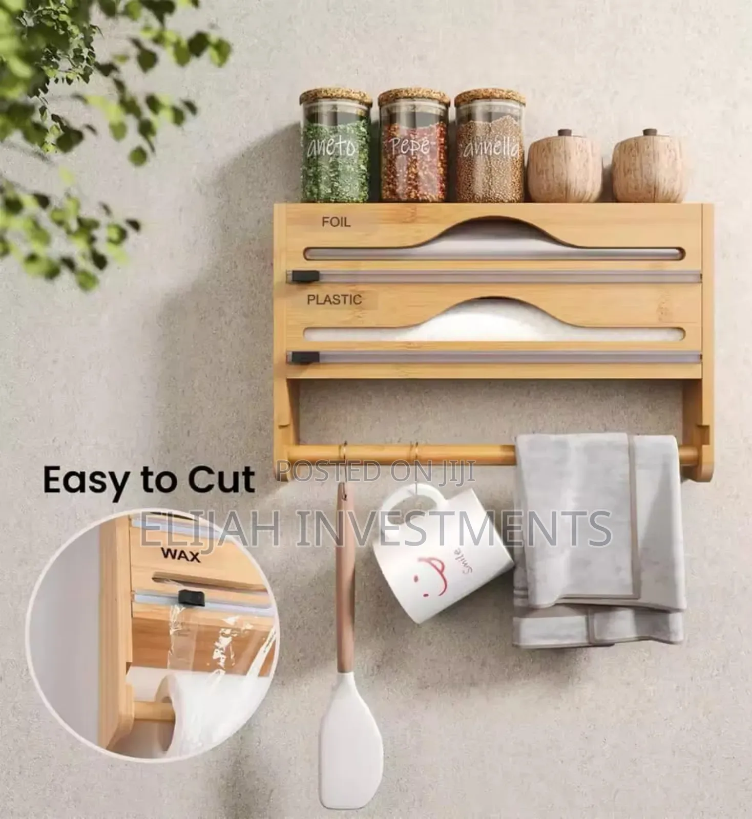 Wall-mounted Bamboo Wrap Dispenser And Organizer.