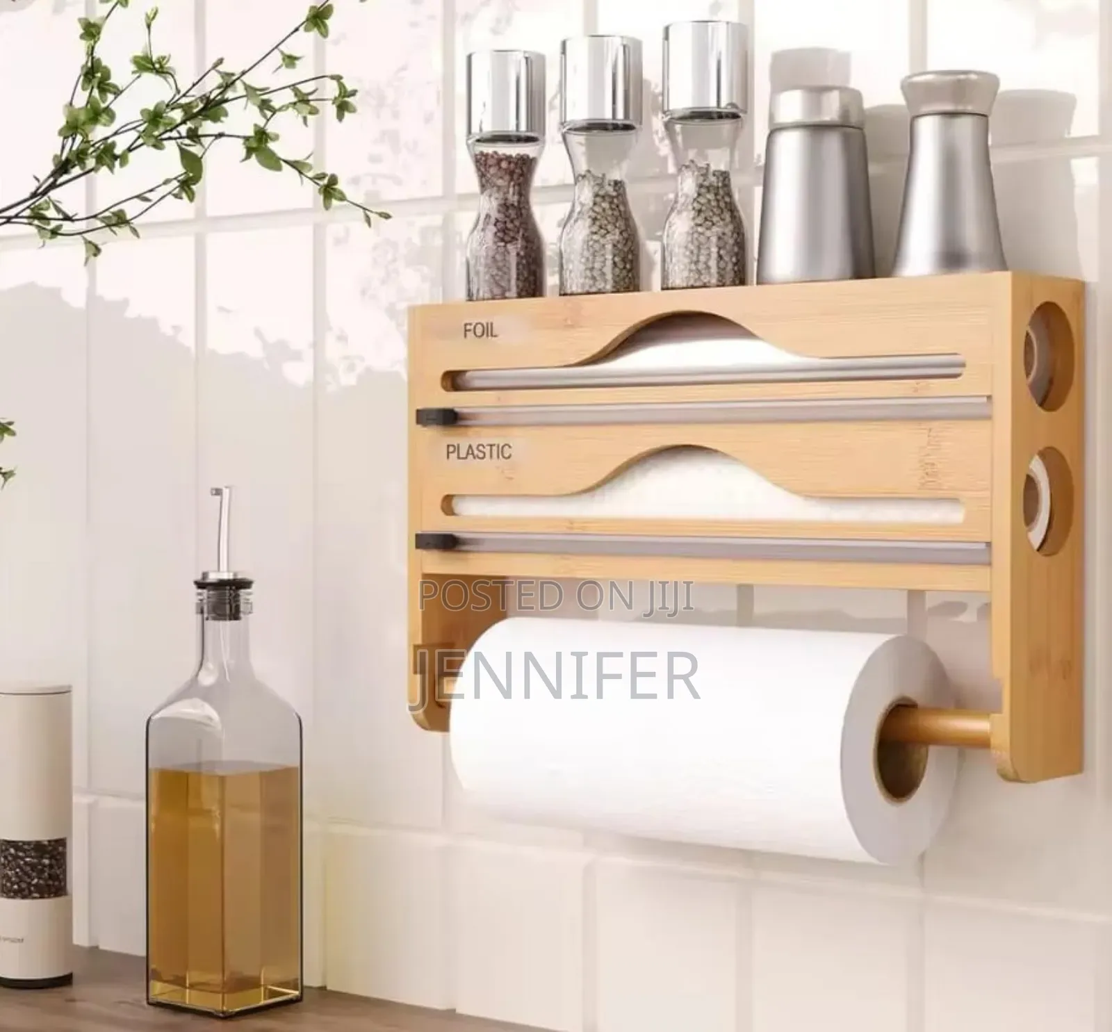 Wall-Mounted Bamboo Wrap Dispenser and Organizer.