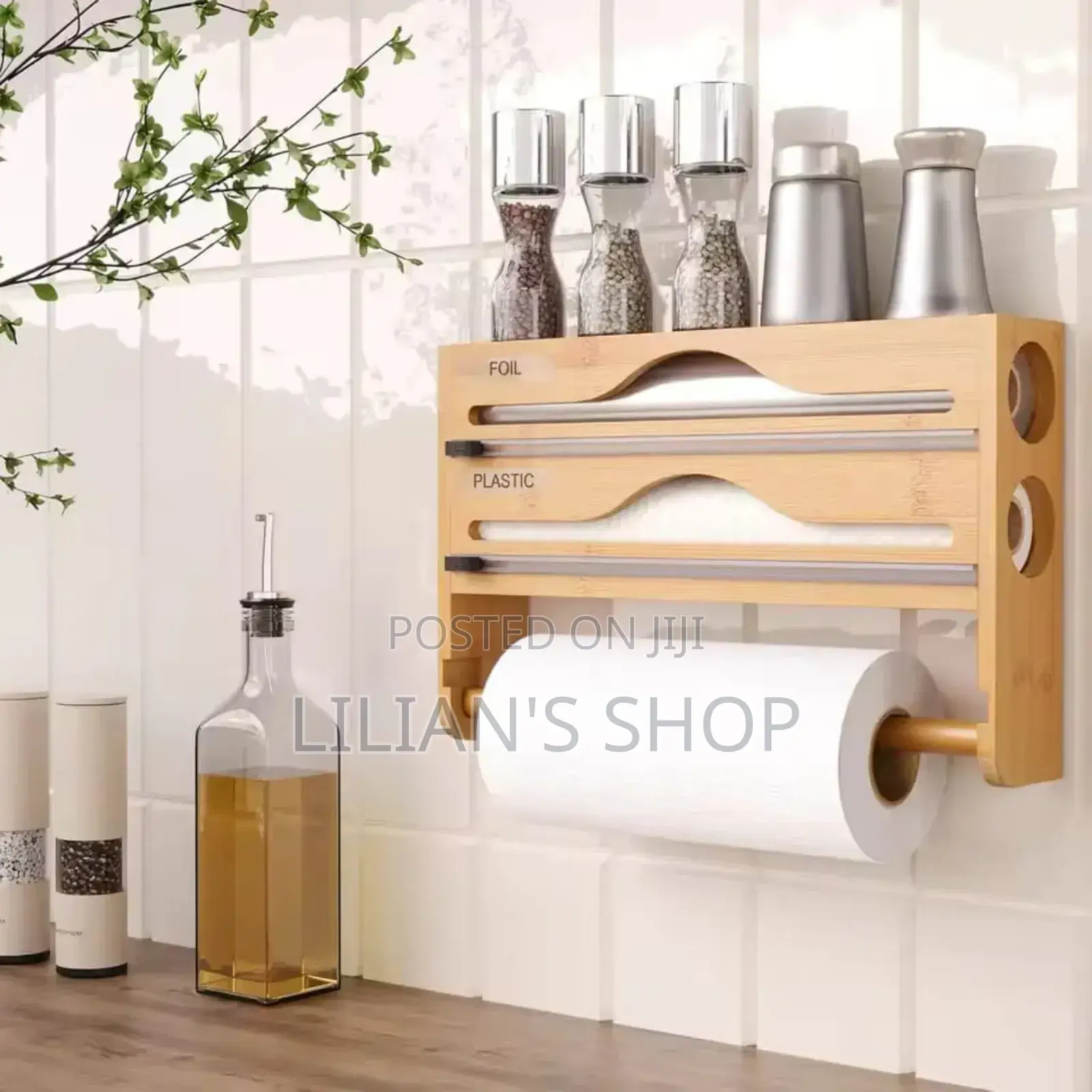 Wall-Mounted Bamboo Wrap Dispenser and Organizer.