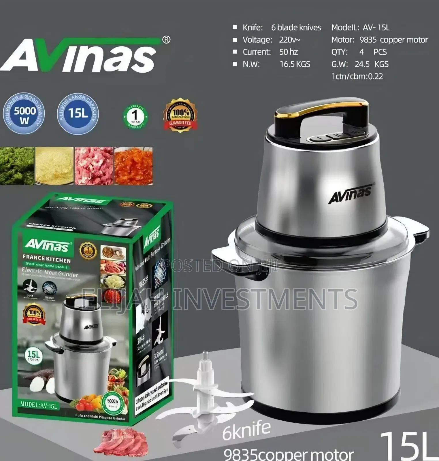 Avinas France Kitchen Electric Meat Grinder (Model: Av-15l)