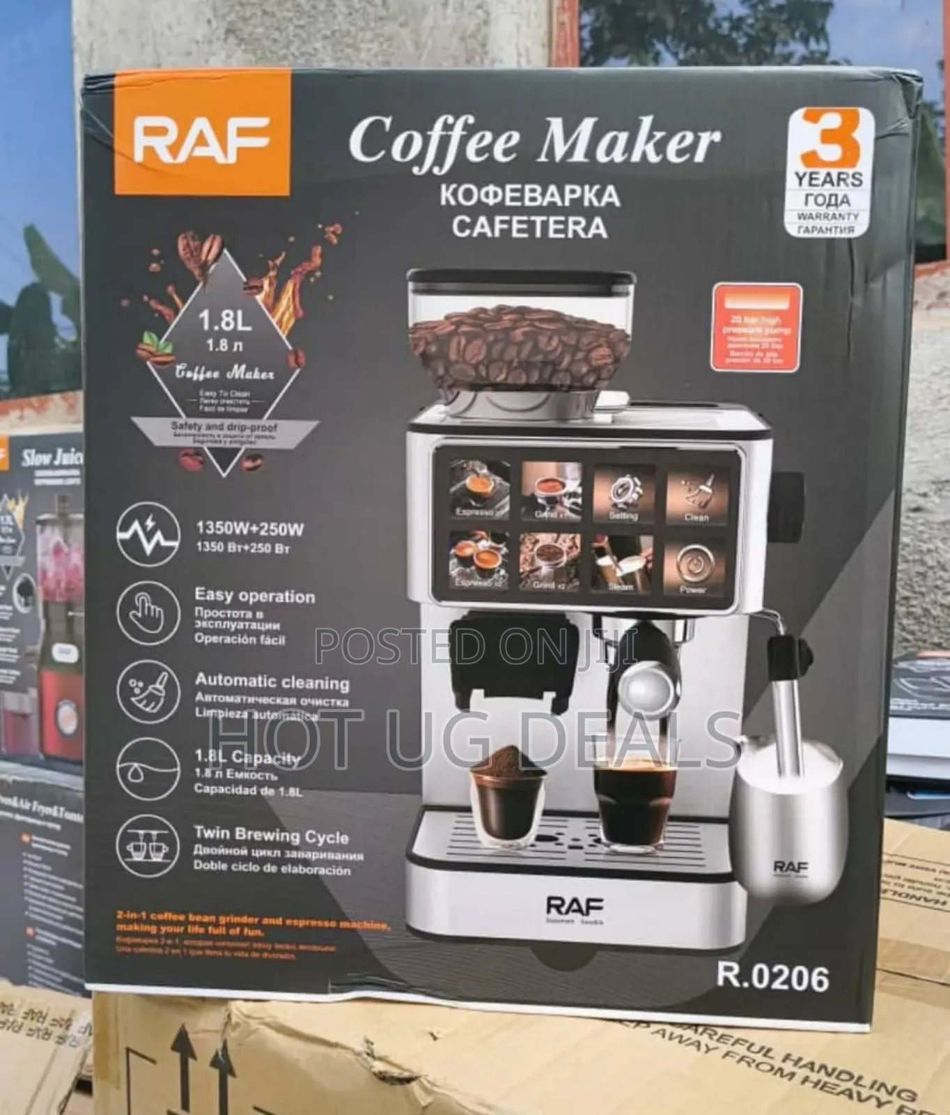 Raf Commercial Coffee Machine With A Grinder, Mixer Water Tank 1 Litre