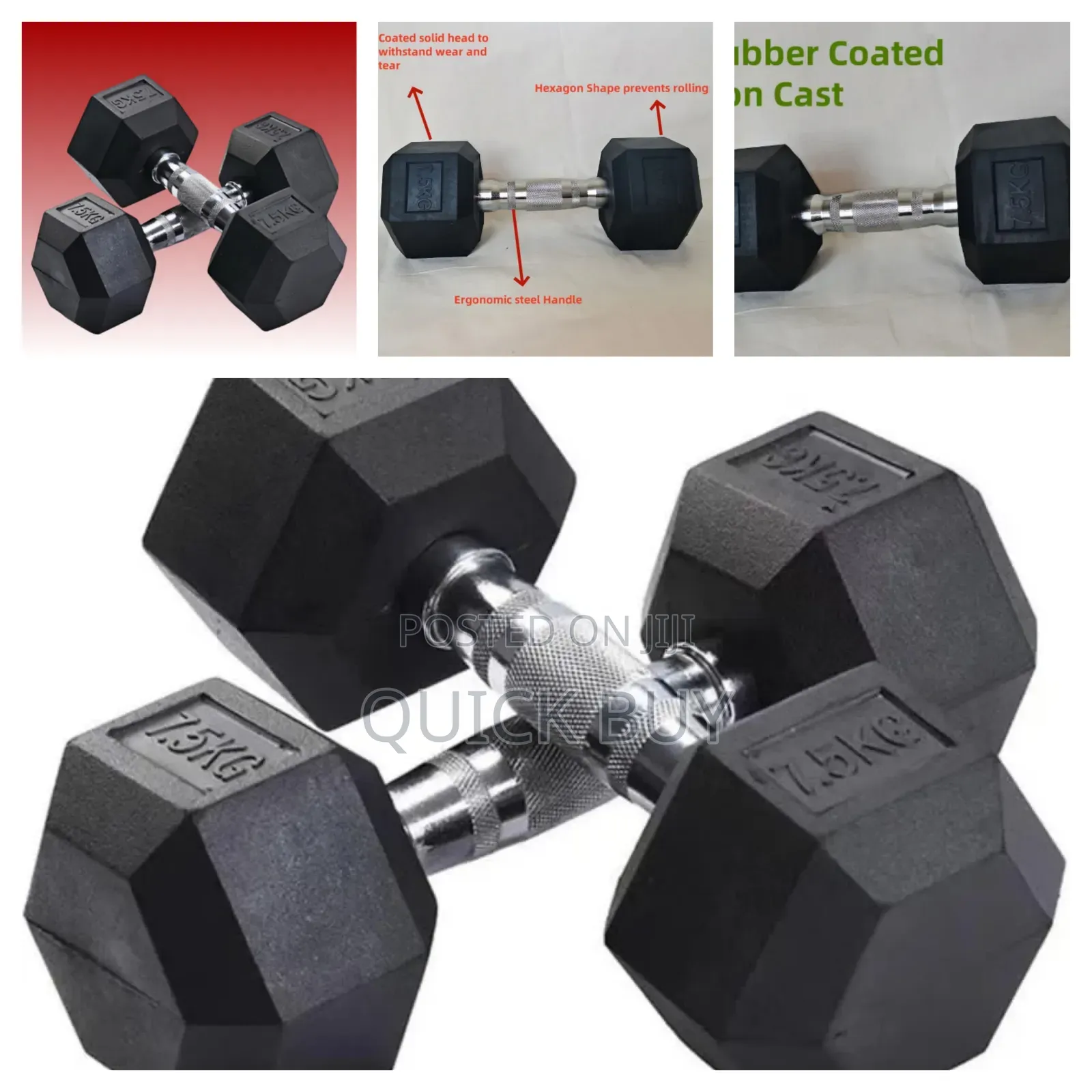 Pair of Rubber Coated Dumbbells 7.5kg Black Silver