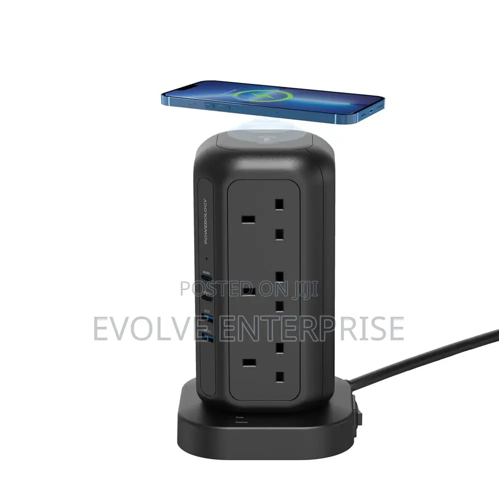 Powerology 35w Socket Tower With 15w Wireless Charger, 12 Uk Sockets