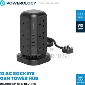 Powerology 35w Socket Tower With 15w Wireless Charger, 12 Uk Sockets