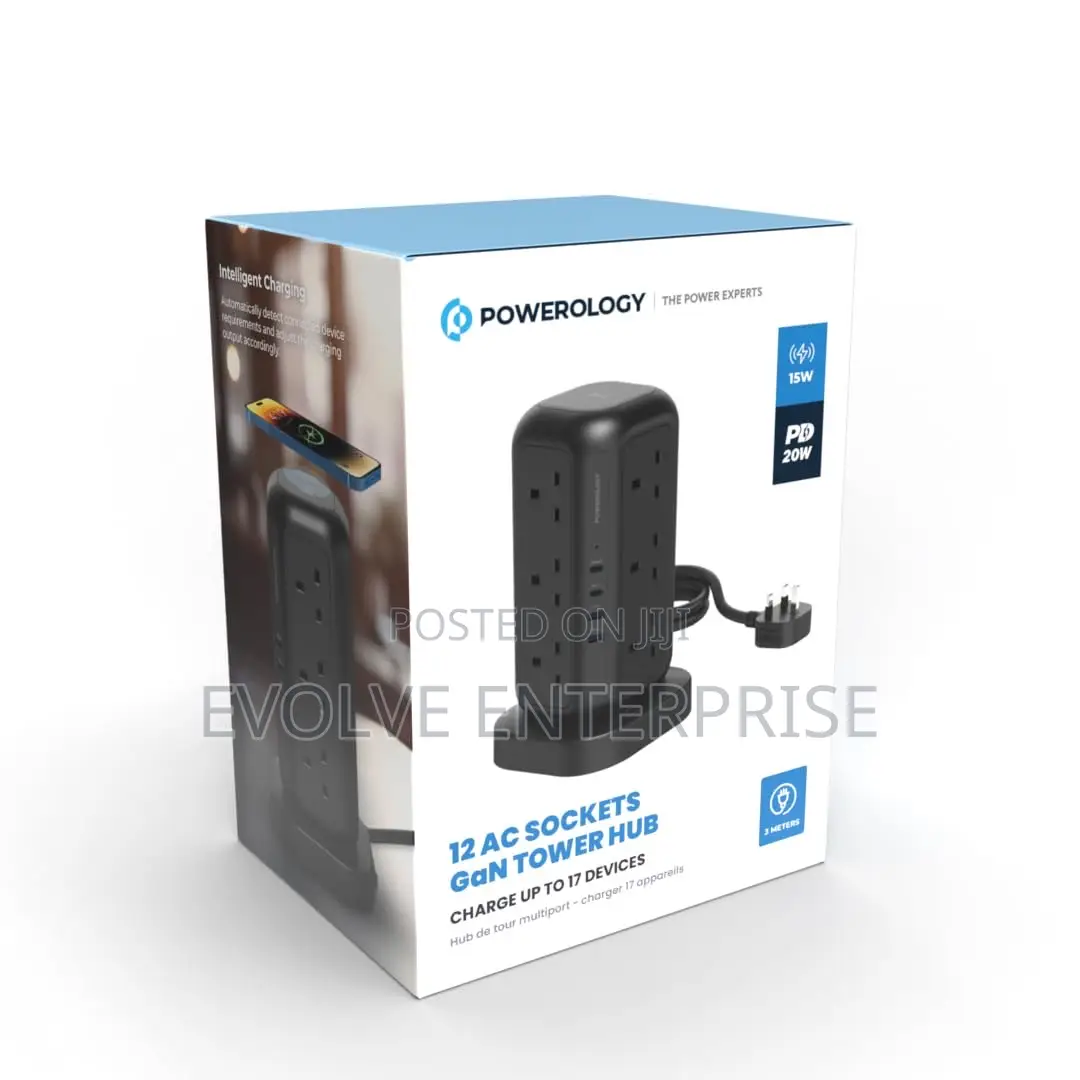 Powerology 35w Socket Tower With 15w Wireless Charger, 12 Uk Sockets