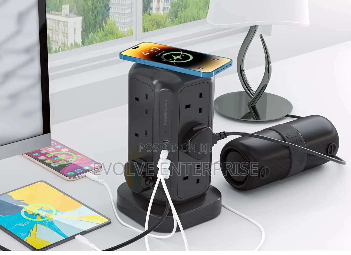 Powerology 35w Socket Tower With 15w Wireless Charger, 12 Uk Sockets