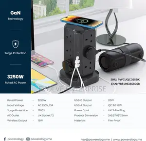 Powerology 35w Socket Tower With 15w Wireless Charger, 12 Uk Sockets