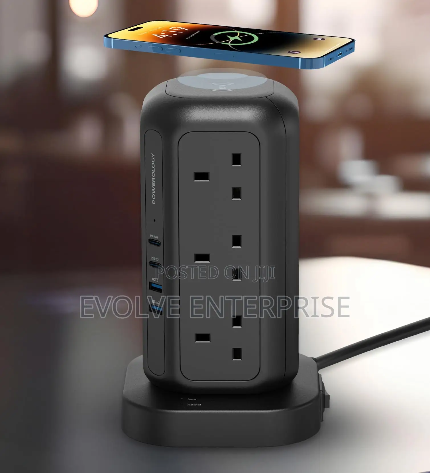 Powerology 35w Socket Tower With 15w Wireless Charger, 12 Uk Sockets
