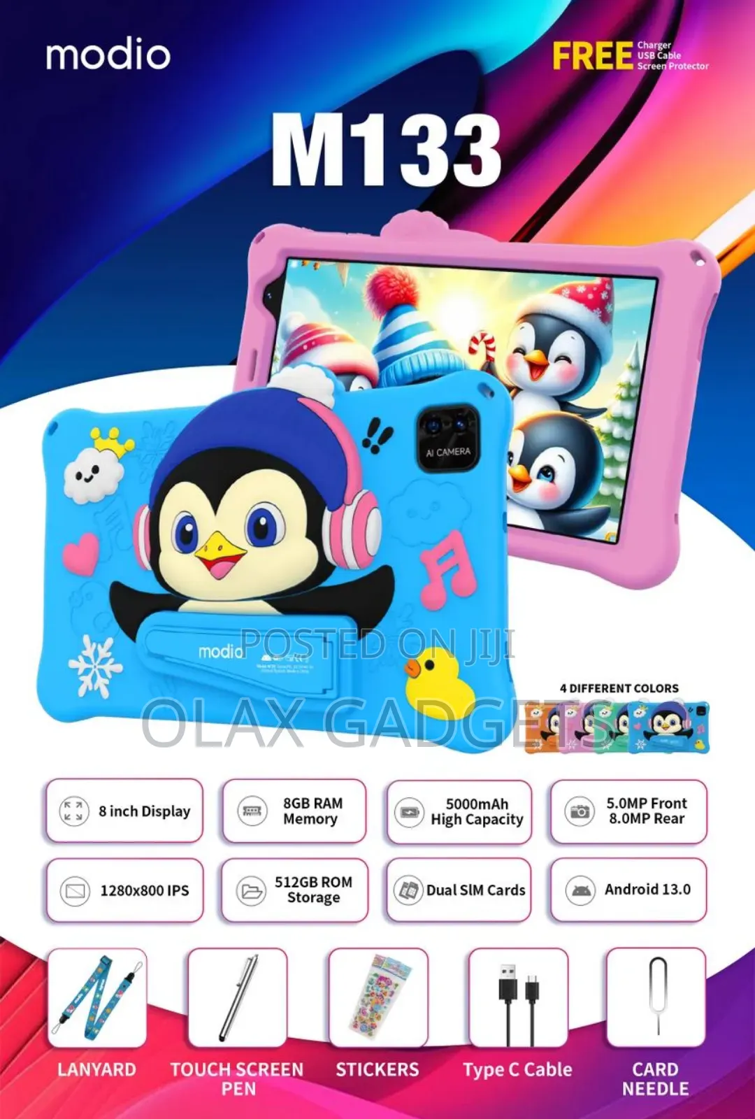 Modio M133, 8 Inches Simcard Kids Tablet With Protective Case 512gb