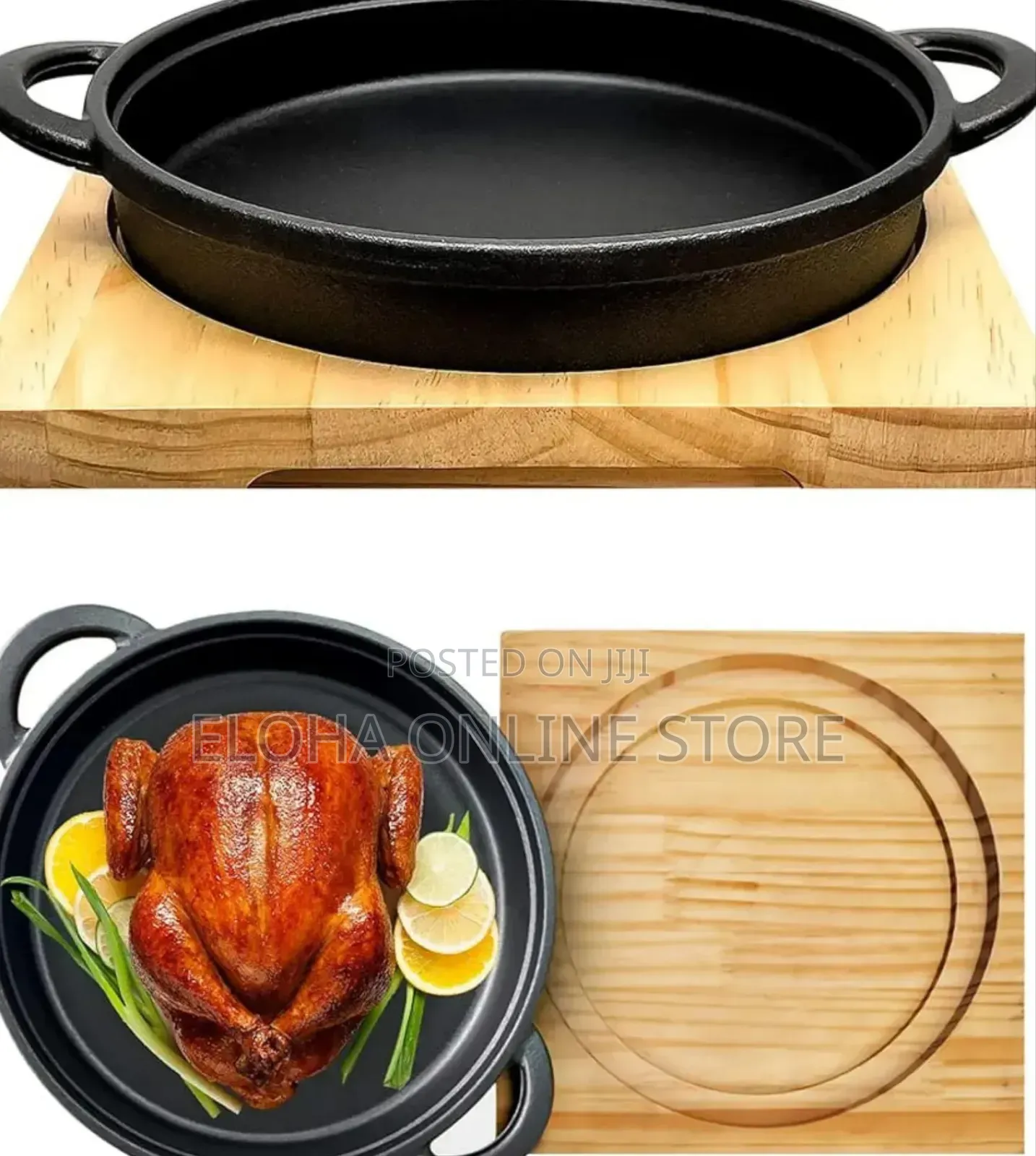 Cast Iron Sizzler Pan With A Wooden Serving Board.