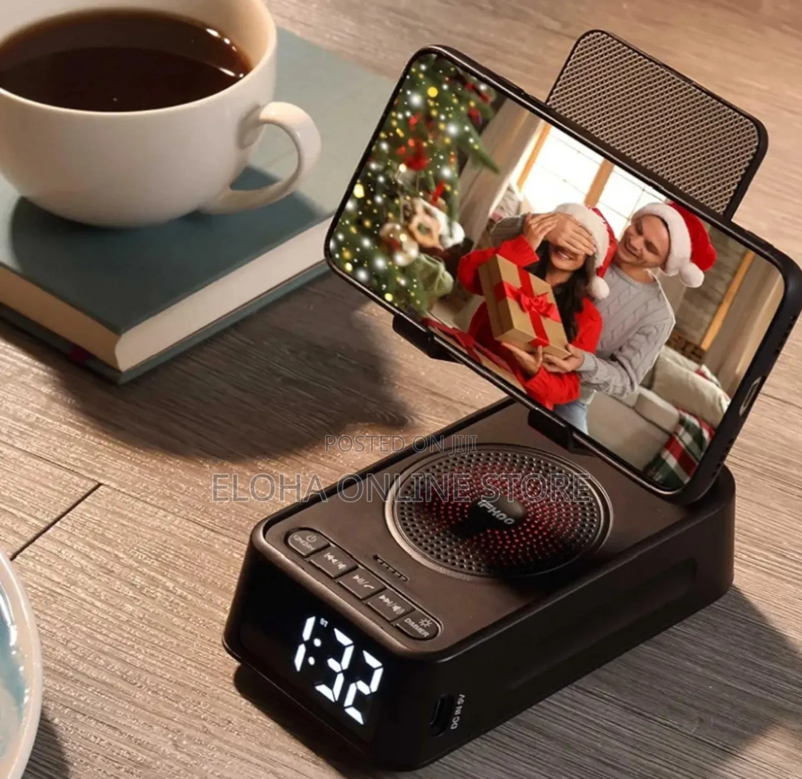 Phone Stand With Wireless Speaker And Alarm Clock.
